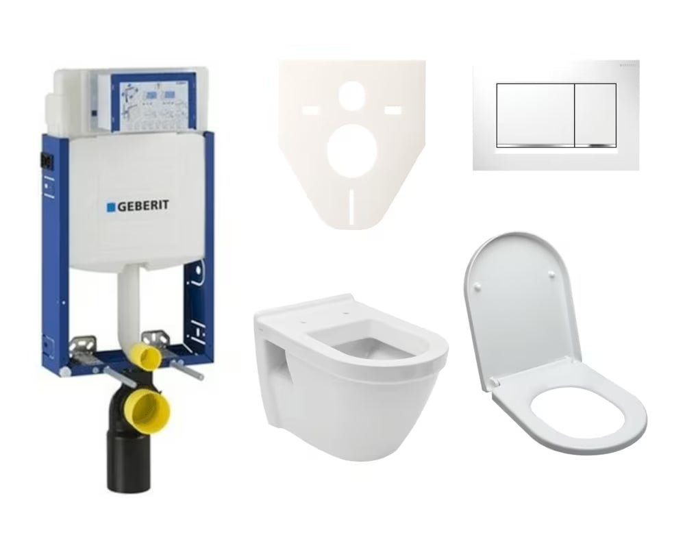 Viseći WC set Vitra Integra s podžbuknim vodokotlićem Geberit i sjedalom u bijeloj izvedbi.