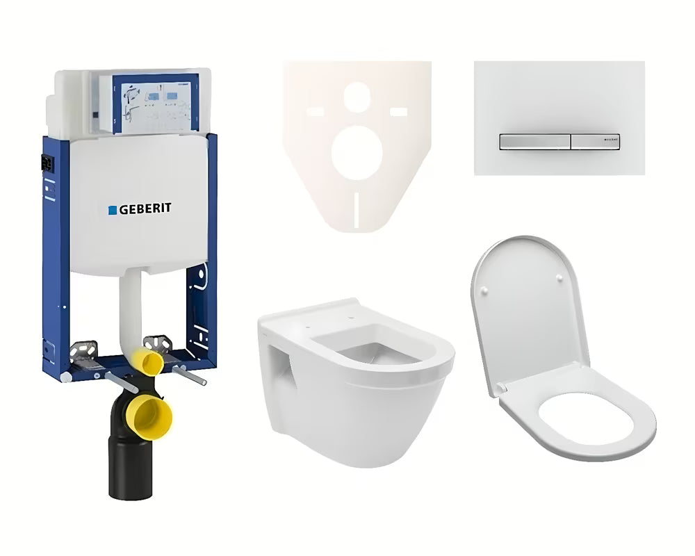 Viseći WC set vitra Integra za ugradnju u zid s vodokotlićem Geberit i Duroplast sjedalom u bijeloj boji.