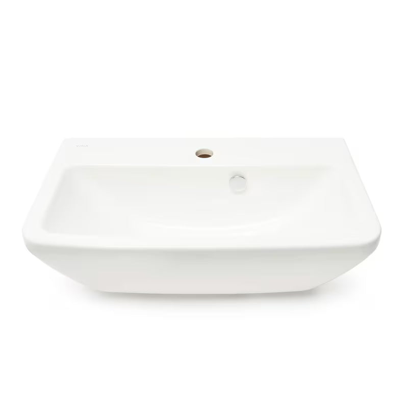 Bijeli viseći umivaonik Vitra Integra 60x36 cm od keramike s otvorom pro za slavinu u sredini i preljevom.