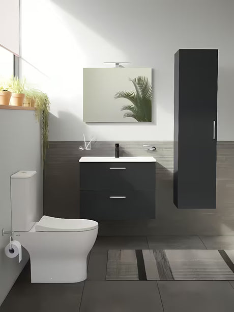 Kupaonski set Vitra Mia u antracit boji s umivaonikom, s visećim ormarićem, ogledalom i LED rasvjetom.