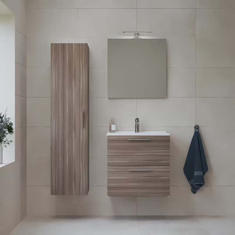 Kupaonski set vitra Mia u dekoru cordoba s keramičkim umivaonikom, ogledalom i LED rasvjetom.