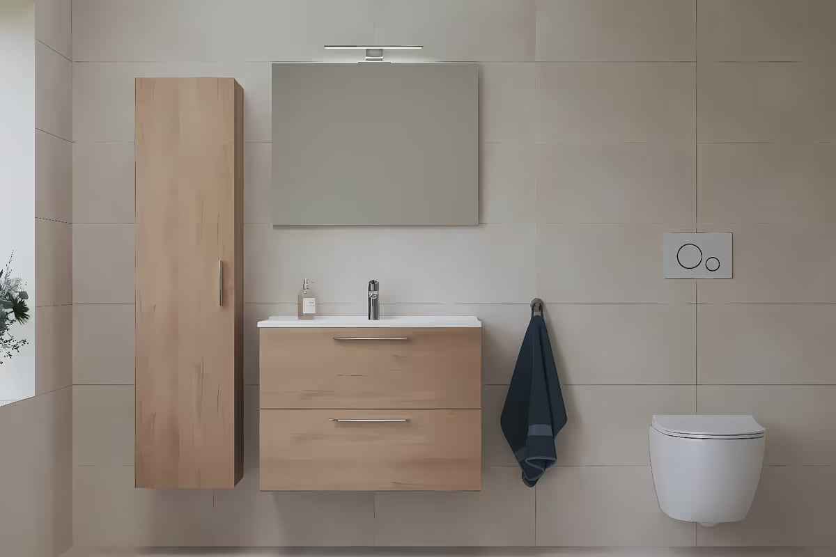 Kupaonski set vitra Mia u dekoru zlatnog hrasta s visećim ormarićem, umivaonikom, ogledalom i rasvjetom