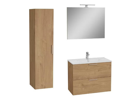 Kupaonski set vitra Mia u dekoru zlatnog hrasta s visećim ormarićem, umivaonikom, ogledalom i rasvjetom