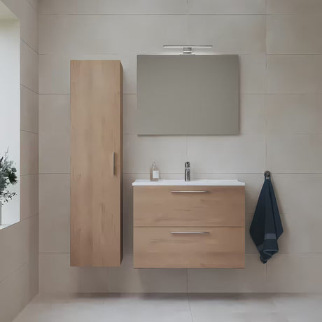 Kupaonski set vitra Mia u dekoru zlatnog hrasta s visećim ormarićem, umivaonikom, ogledalom i rasvjetom