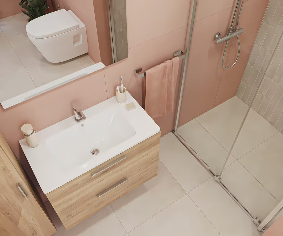 Kupaonski set Vitra Mia 79 x 39,5 cm u dekoru zlatni hrast s ormarićem, umivaonikom, ogledalom i LED rasvjetom.