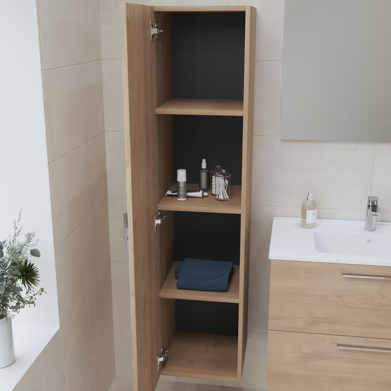 Visoka viseća kupaonski ormarić vitra Mia u dekoru zlatni hrast s vratima i unutarnjim policama.