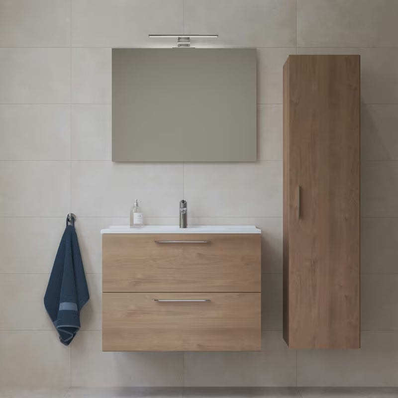 Visoka viseća kupaonski ormarić vitra Mia u dekoru zlatni hrast s vratima i unutarnjim policama.