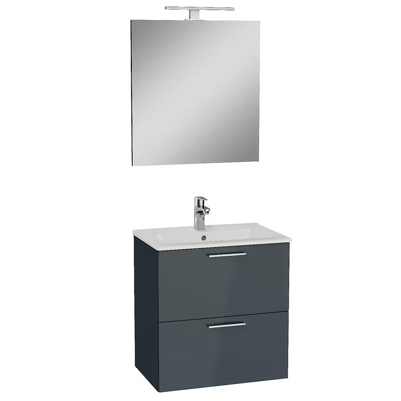Kupaonski set Vitra Mia u antracit boji s umivaonikom, s visećim ormarićem, ogledalom i LED rasvjetom.