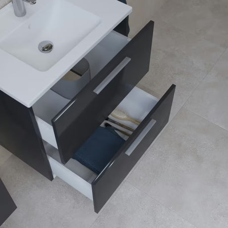Kupaonski set Vitra Mia u antracit boji s umivaonikom, s visećim ormarićem, ogledalom i LED rasvjetom.