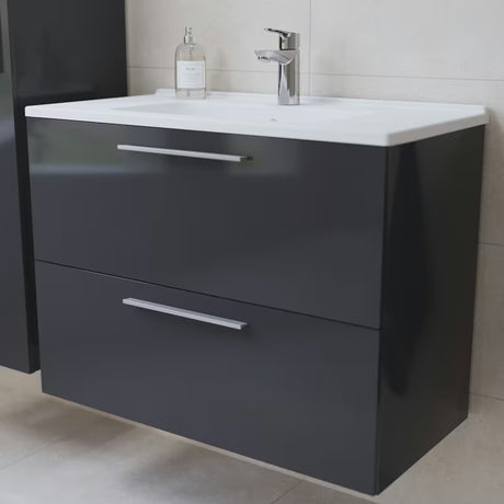 Kupaonski set Vitra Mia 79 x 39,5 cm u antracit boji s ormarićem, umivaonikom, ogledalom i LED rasvjetom.
