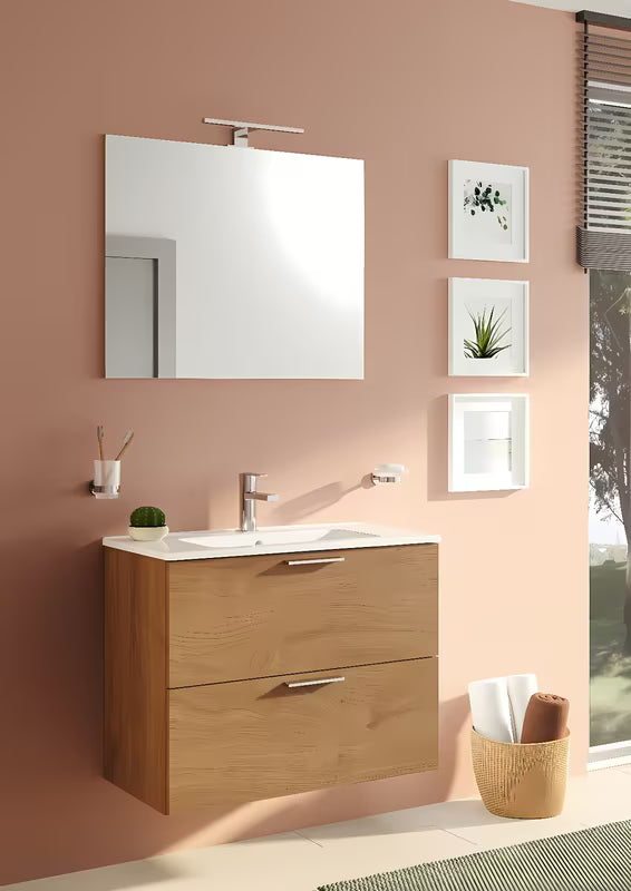 Kupaonski set Vitra Mia 79 x 39,5 cm u dekoru zlatni hrast s ormarićem, umivaonikom, ogledalom i LED rasvjetom.