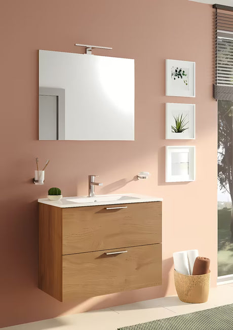 Kupaonski set Vitra Mia 79 x 39,5 cm u dekoru zlatni hrast s ormarićem, umivaonikom, ogledalom i LED rasvjetom.