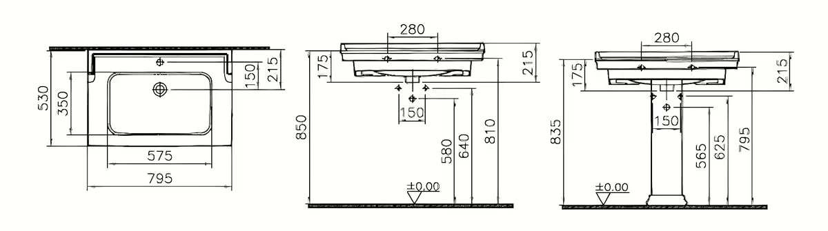 Bijeli keramički viseći umivaonik Vitra Ricordi 80 x 53 cm s otvorom za pro slavinu u sredini i preljevom.