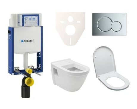 Viseći WC set vitra Integra s ugradbenim modulom, vodokotlićem Geberit Kombifix i kromiranom tipkom za ispiranje.