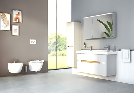 Bijeli viseći bide vitra Shift sa skrivenim pričvršćenjem keramike, bez vidljivih poklopaca i otvora.