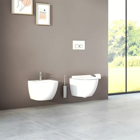 Bijeli viseći bide vitra Shift sa skrivenim pričvršćenjem keramike, bez vidljivih poklopaca i otvora.