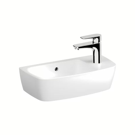 Bijeli keramički umivaonik na ploču Vitra Shift New 50 x 25 cm s preljevom i otvorom pro za slavinu desno.