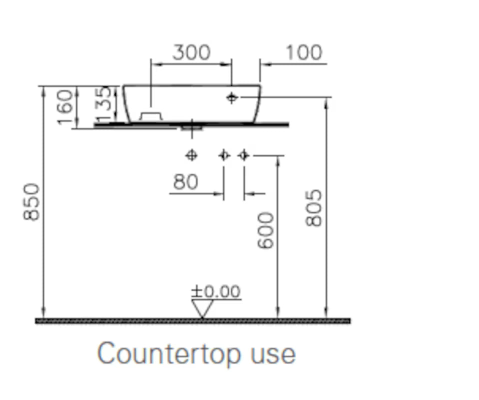 Bijeli keramički umivaonik na ploču Vitra Shift New 50 x 25 cm s preljevom i otvorom pro za slavinu desno.