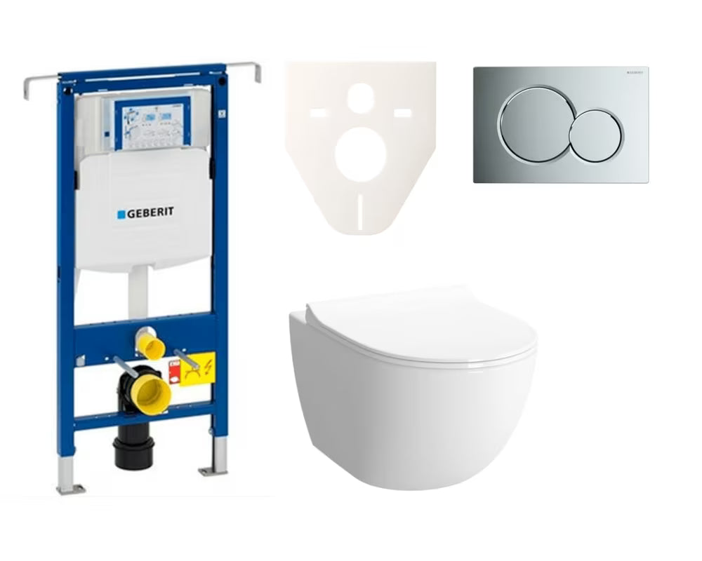 Viseći WC set SAT Infinitio pro za predzidnu montažu s vodokotlićem Geberit Duofix i tipkom za ispiranje u sjajnom kromu.