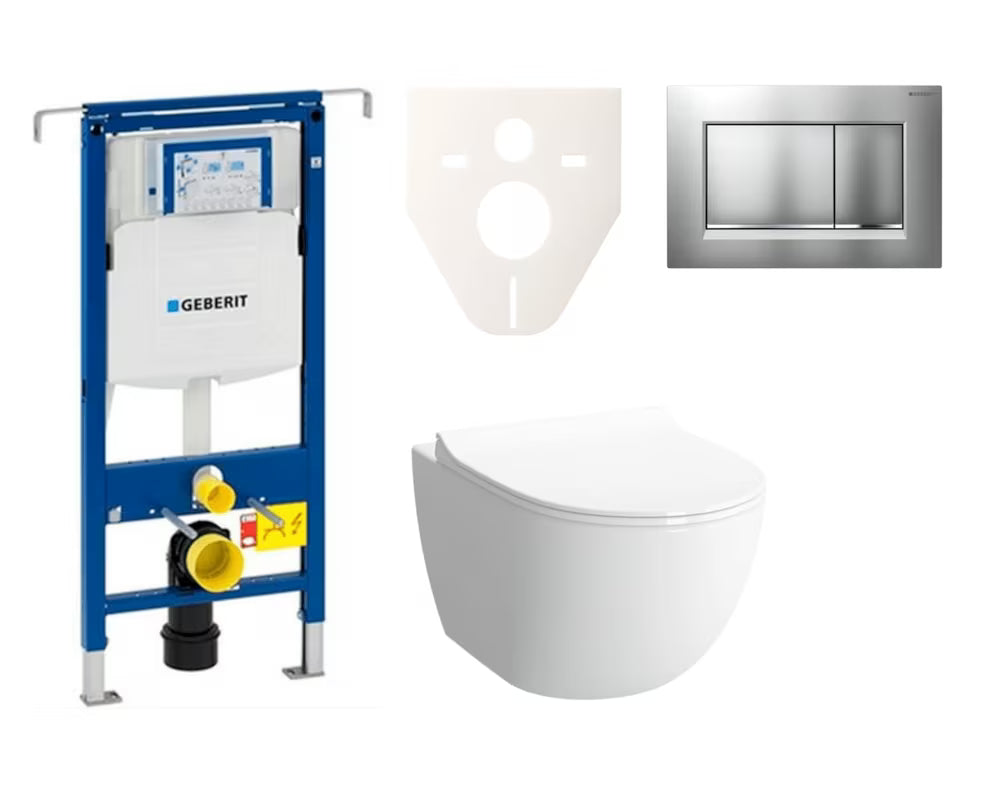 Viseći WC set SAT Infinitio pro za predzidnu ugradnju s vodokotlićem Geberit Duofix i tipkom mat krom.