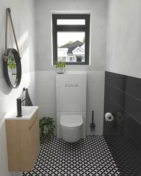 Sanitarni modul Vitra Vitrus s bijelom prednjom pločom od sigurnosnog stakla pro viseća WC školjka.