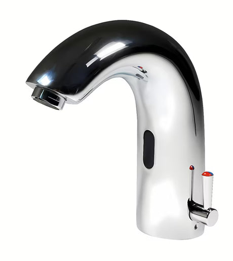 Kromirana senzorska miješalica za umivaonik Weltservis Donner s infracrvenim aktiviranjem i ručnim upravljanjem temperaturom.