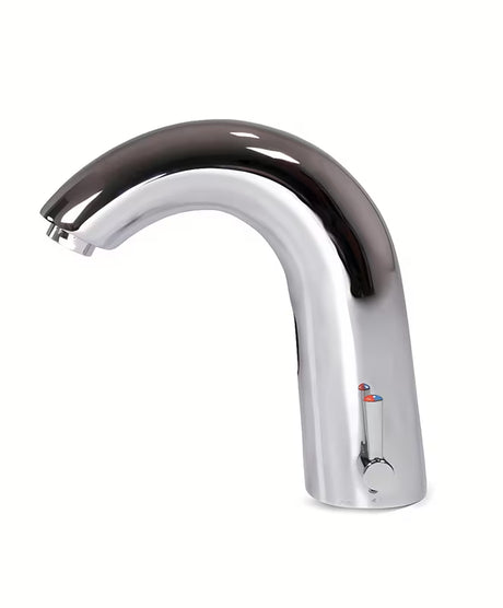 Kromirana senzorska miješalica za umivaonik Weltservis Donner s infracrvenim aktiviranjem i ručnim upravljanjem temperaturom.