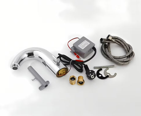 Kromirana senzorska miješalica za umivaonik Weltservis Donner s infracrvenim aktiviranjem i ručicom za regulaciju temperature.