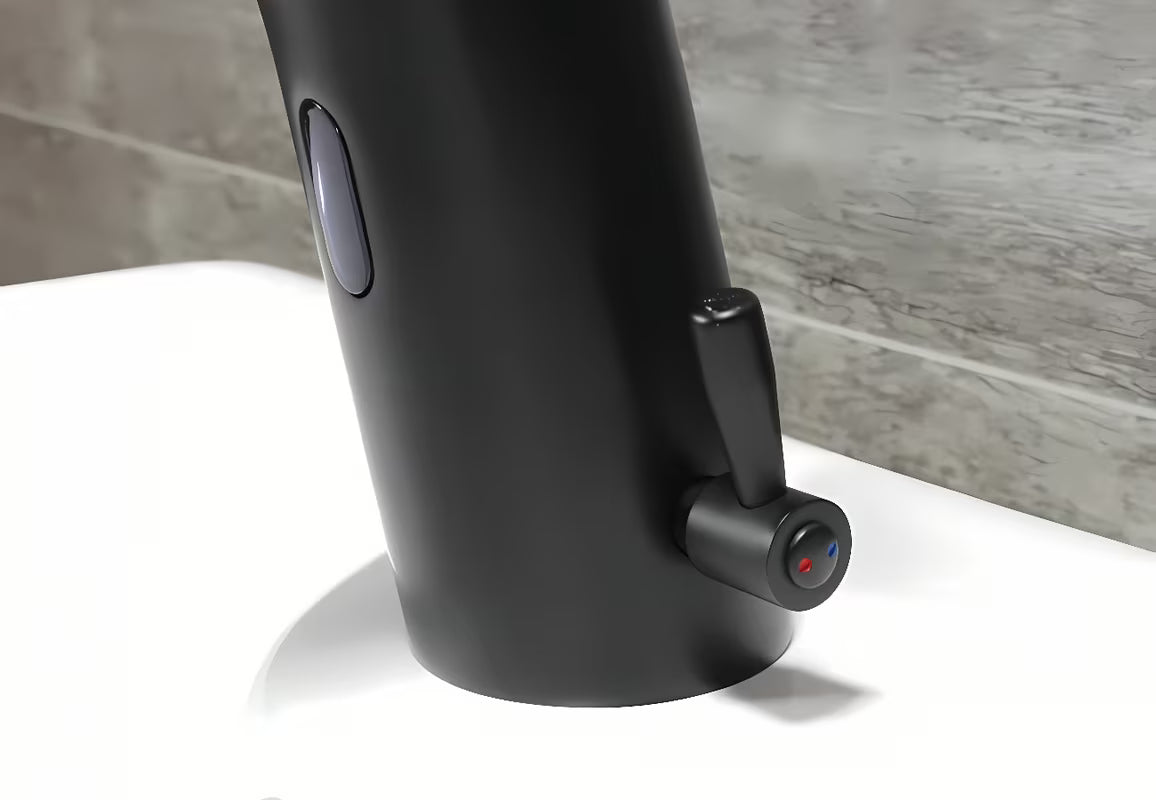 Crna beskontaktna miješalica za umivaonik Weltservis Donner AutoFlow 02 s infracrvenim senzorom i ručicom pro za podešavanje temperature.