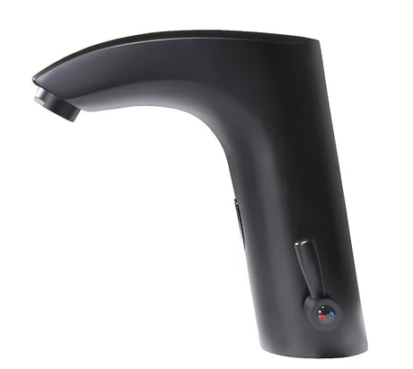Crna beskontaktna miješalica za umivaonik Weltservis Donner AutoFlow 02 s infracrvenim senzorom i ručicom pro za podešavanje temperature.