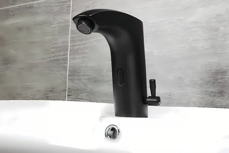 Crna beskontaktna miješalica za umivaonik Weltservis Donner AutoFlow 02 s infracrvenim senzorom i ručicom pro za podešavanje temperature.