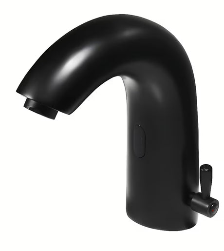 Crna beskontaktna miješalica za umivaonik Weltservis Donner AutoFlow 03 s infracrvenim senzorom i upravljačkom ručicom.