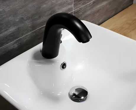 Crna beskontaktna miješalica za umivaonik Weltservis Donner AutoFlow 03 s infracrvenim senzorom i upravljačkom ručicom.