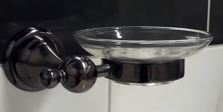 Zidna posuda za sapun WF Industrial Dark-Metal u završnoj obradi uljem trljana bronca sa staklenom posudicom za sapun.